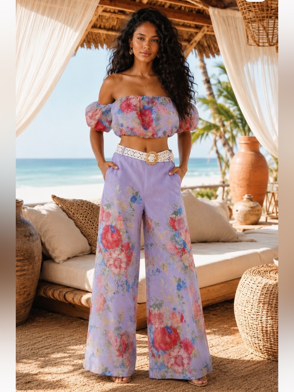 Lavender Floral Wide-Leg Pants Set - Women's Beach pant set Bottoms